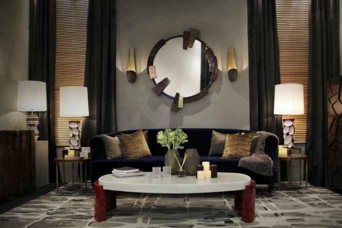 stylish round mirror in a large living room in sydney