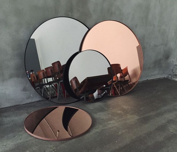 round coloured mirrors with silver grey and bronze tints