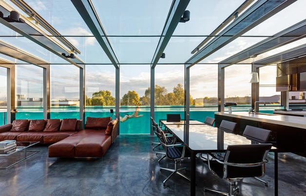 modern glass roof ceilings above pool
