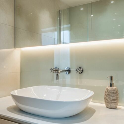 modern bathroom featuring a stylish glass splashback