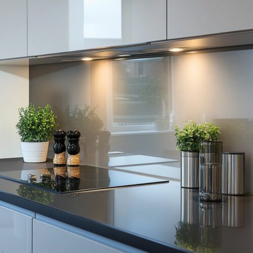 modern kitchen with sleek glass splashback