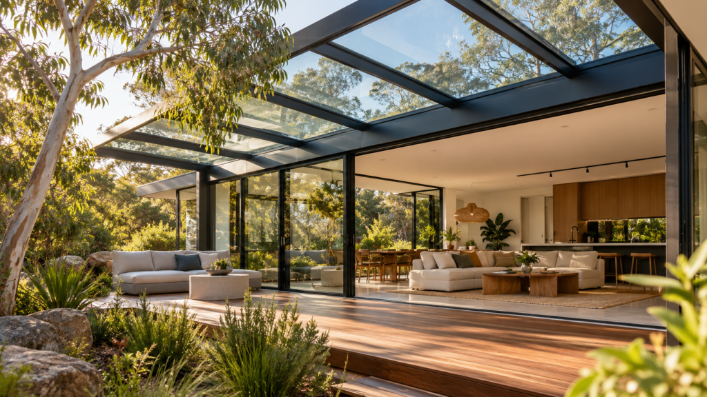 Modern Australian home with a large glass roof extension over an open-plan living area surrounded by native greenery