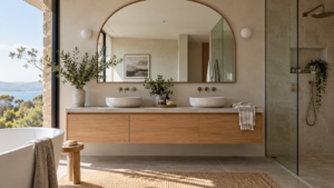 Large custom arched mirror above a timber vanity in a modern bathroom