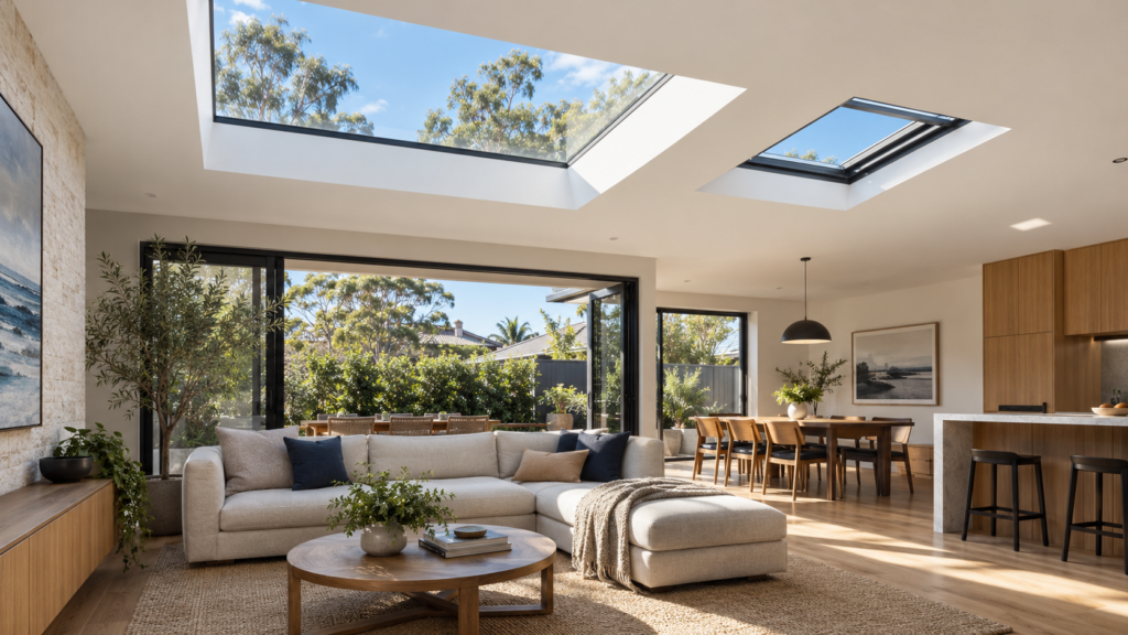 Modern Sydney home interior illuminated by fixed and operable glass skylights
