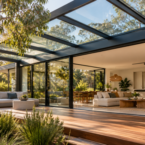 Modern Australian home with a large glass roof extension over an open-plan living area surrounded by native greenery