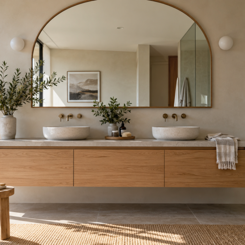 Large custom arched mirror above a timber vanity in a modern bathroom