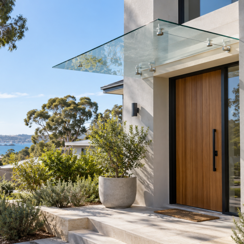 Frameless glass awning above the entrance of a modern Australian home