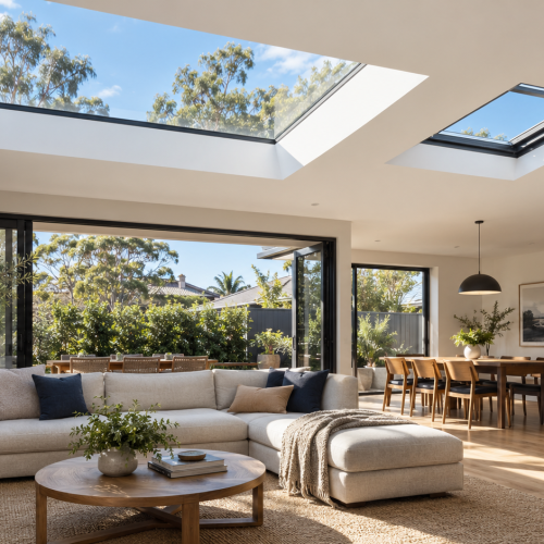 Modern Sydney home interior illuminated by fixed and operable glass skylights